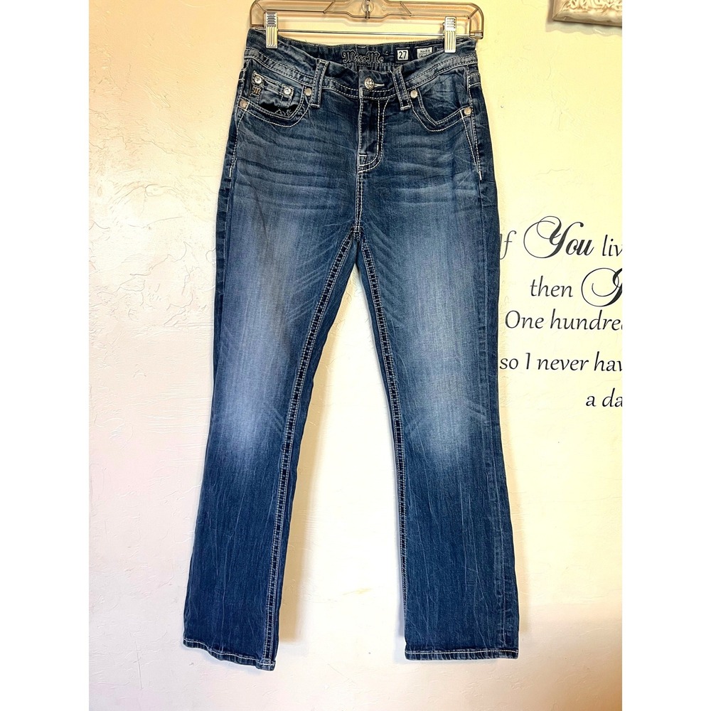 Miss Me Mid Rise Curvy Bootcut Jeans Blue Medium Embroidered Size 27 Y2K Western - Picture 2 of 10